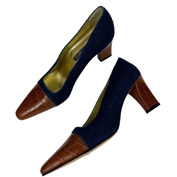 Escada 90s Denim Brown Croc Embossed Leather Block Heels 9.5N - Picture 2 of 7